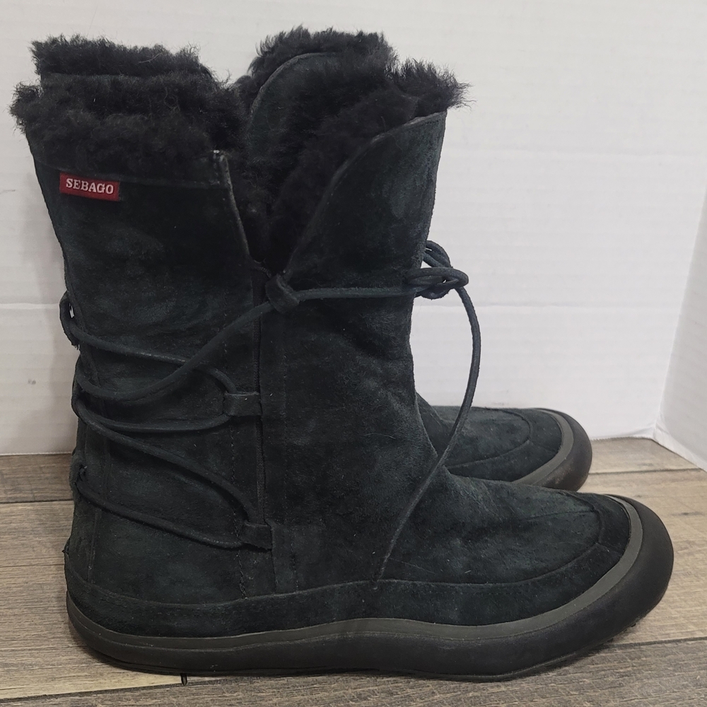 Sebago Women's Black Faux Fur Suede Leather Pull-up Laced Winter Snow Boots Sz9